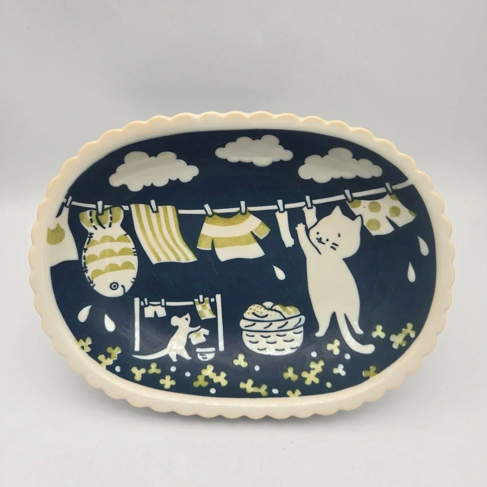 Miya Ceramic Oval Bowl Cat Mouse Doing Laundry Decorative Cute K Factory Japan